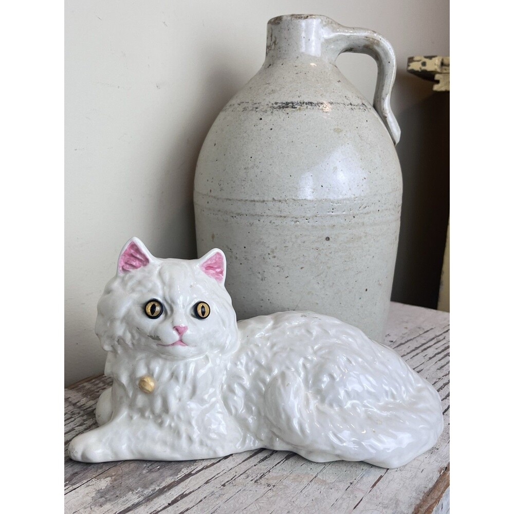 Vintage Persian Cat Statue White Ceramic Yellow Eyes Laying Down Cottage Core
